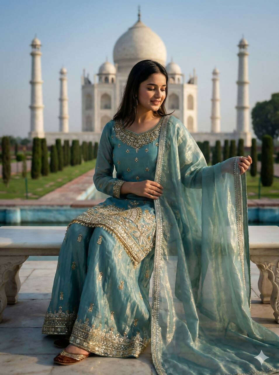 Teeya Creation Teal Fendy Silk Heavy Embroidery Work Party Wear Palazzo Suit