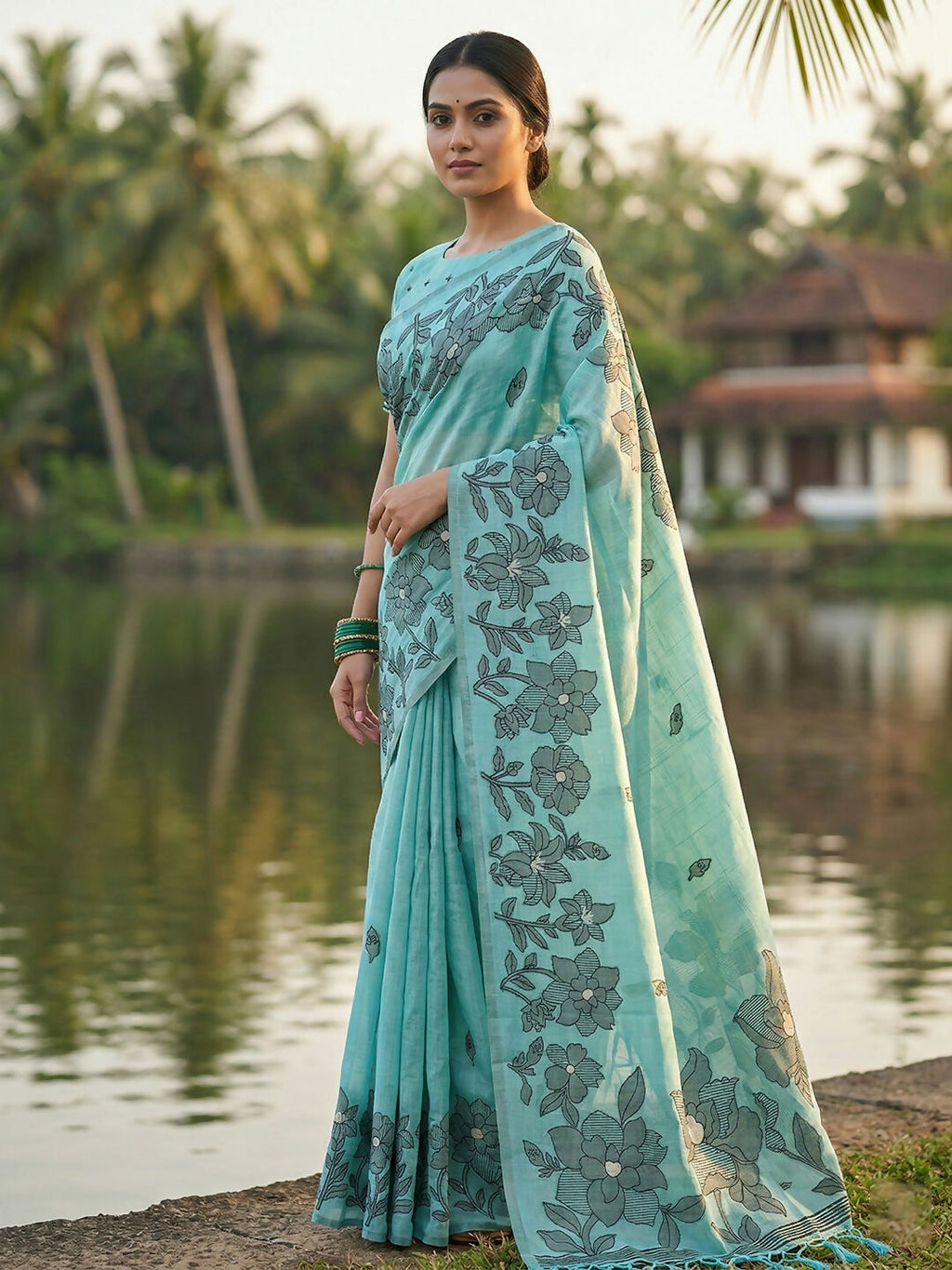 Shree Shyam Fashion Sea Green Linen Cotton Saree