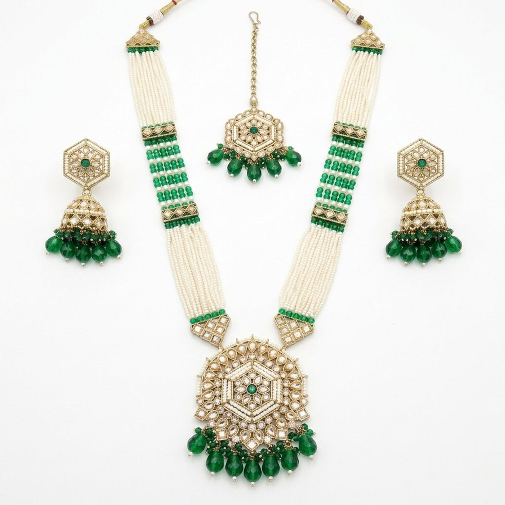Jewel City Long Pearl Mala Golden Rainbow Diamond Studded Jumkee Tikka Necklace Set