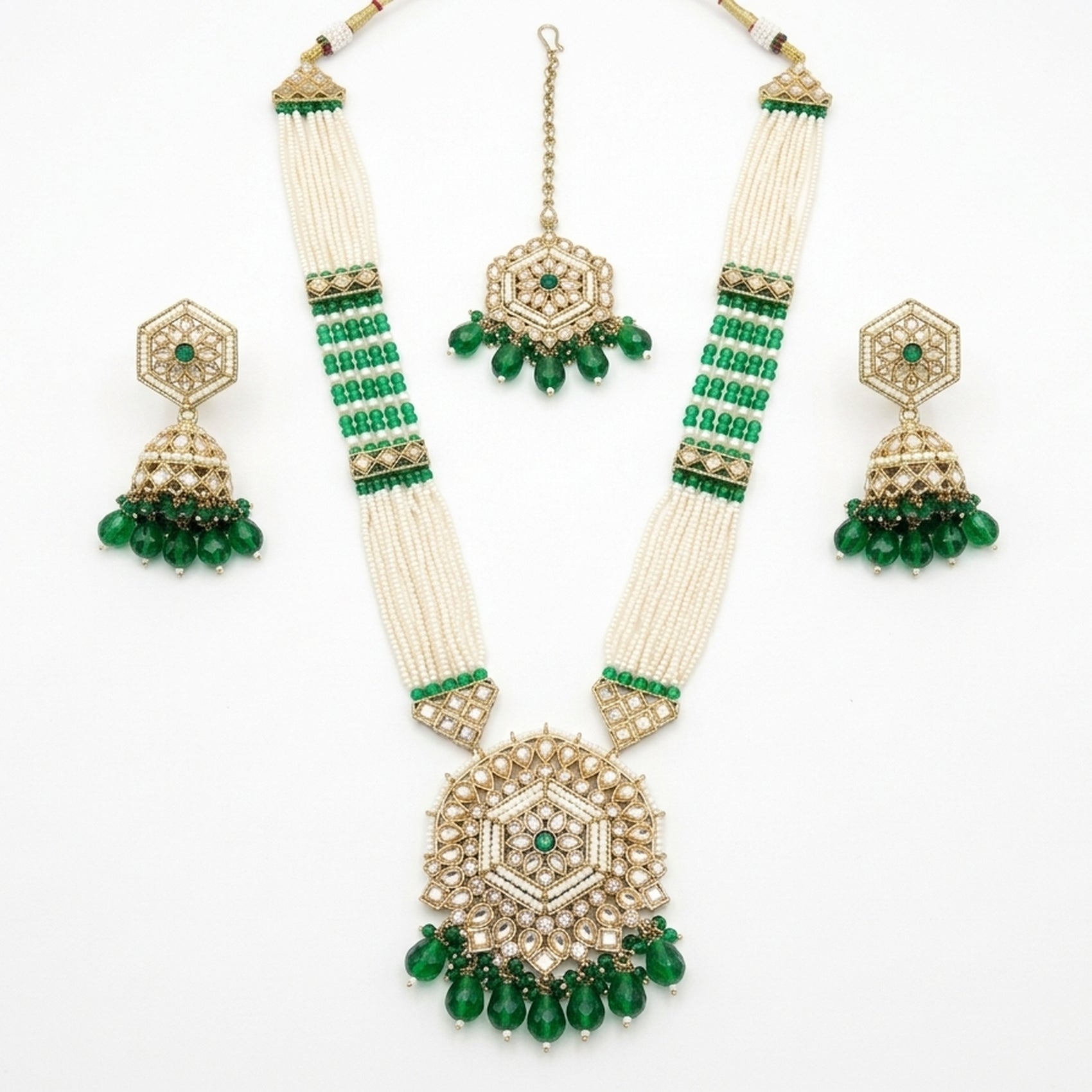 Jewel City Long Pearl Mala Golden Rainbow Diamond Studded Jumkee Tikka Necklace Set