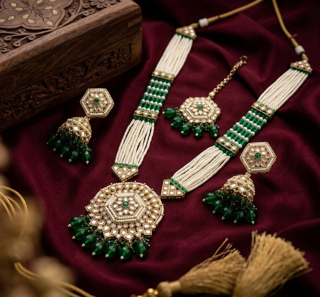 Jewel City Long Pearl Mala Golden Rainbow Diamond Studded Jumkee Tikka Necklace Set