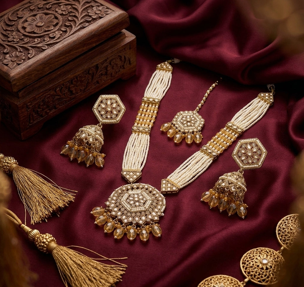 Jewel City Long Pearl Mala Golden Rainbow Diamond Studded Jumkee Tikka Necklace Set