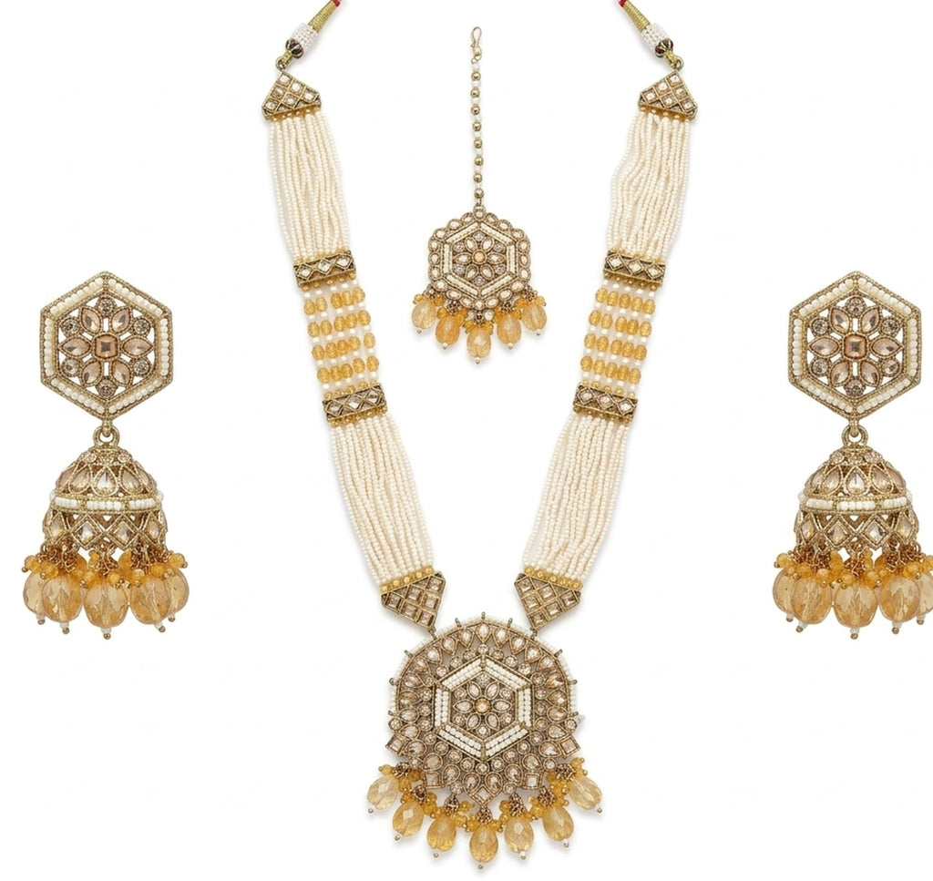 Jewel City Long Pearl Mala Golden Rainbow Diamond Studded Jumkee Tikka Necklace Set