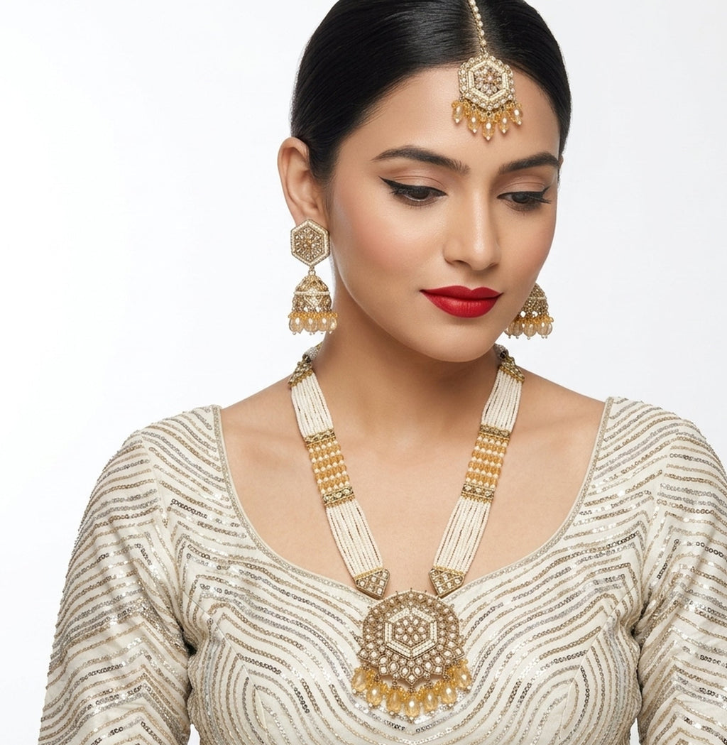 Jewel City Long Pearl Mala Golden Rainbow Diamond Studded Jumkee Tikka Necklace Set