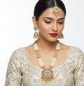 Jewel City Long Pearl Mala Golden Rainbow Diamond Studded Jumkee Tikka Necklace Set