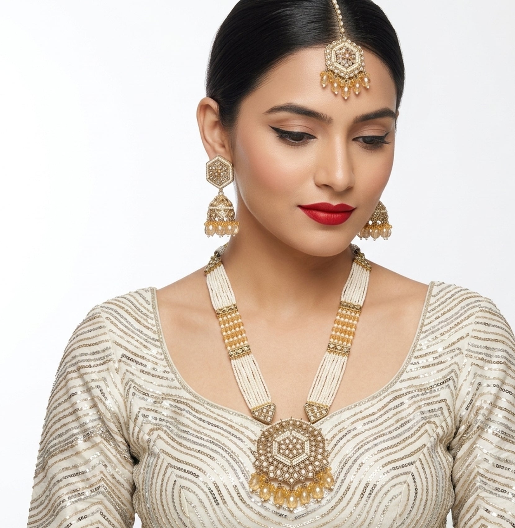 Jewel City Long Pearl Mala Golden Rainbow Diamond Studded Jumkee Tikka Necklace Set