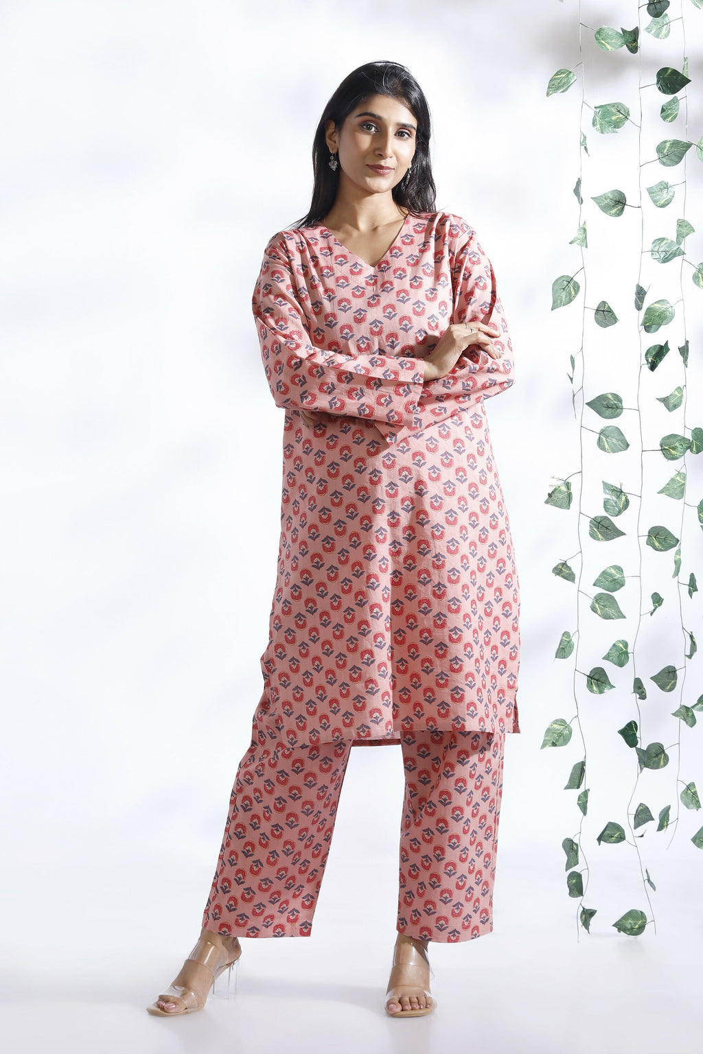Breathables Women’S Loungewear Long Kurta Co-Ord Set Cotton Pink Indian Motif Butta Print