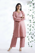 Breathables Women’S Loungewear Long Kurta Co-Ord Set Cotton Pink Indian Motif Butta Print