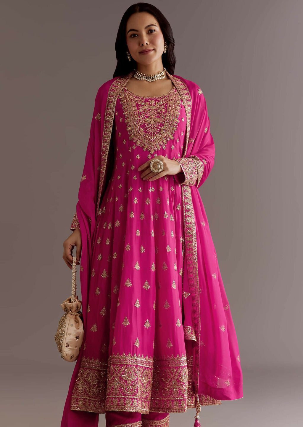 Teeya Creation Pink Color Chinnon Silk Embroidery Work Gown