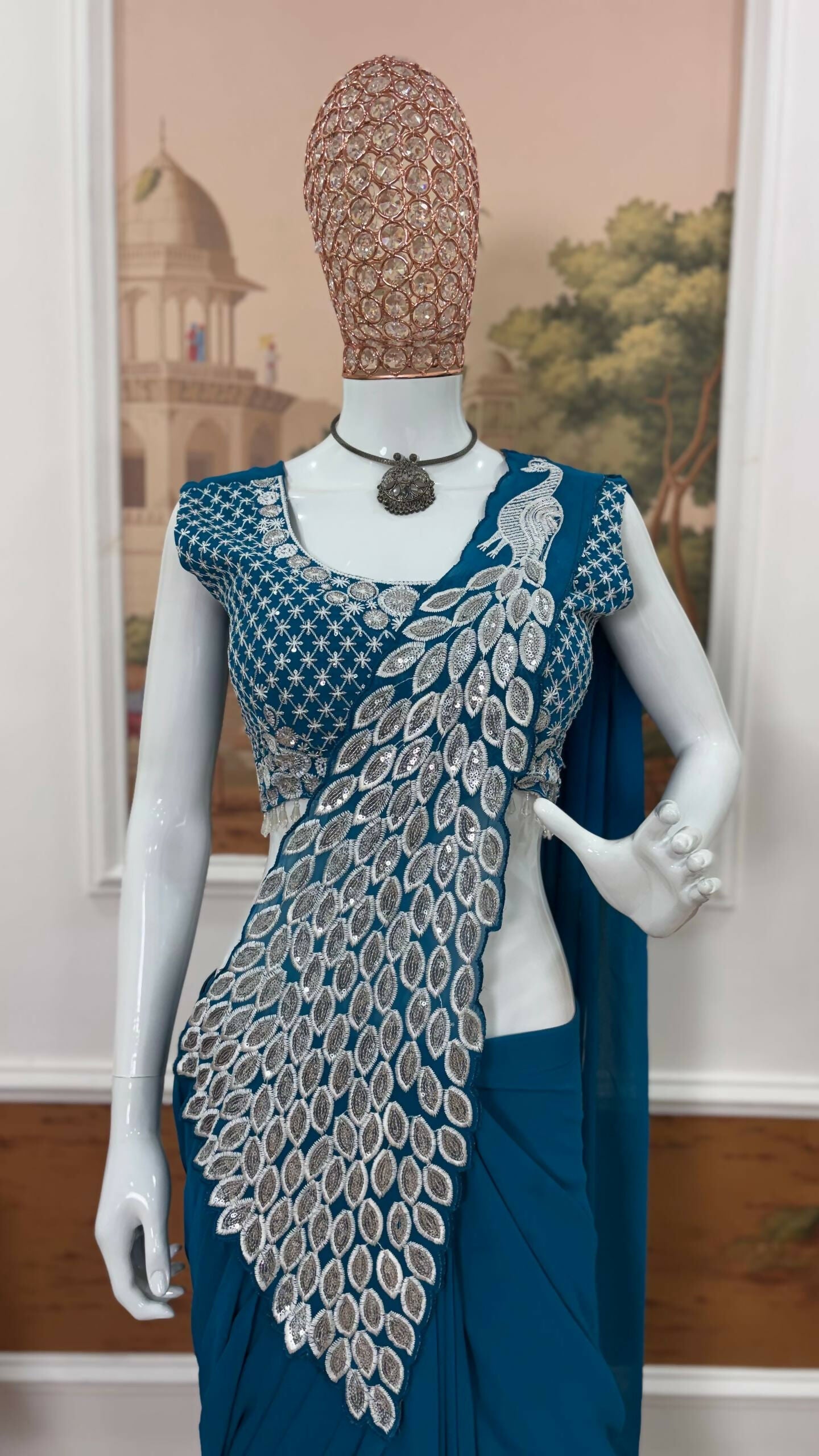 Teeya Creation Blue Color Faux Georgette Embroidery Work Party Wear Ready To Wear Saree