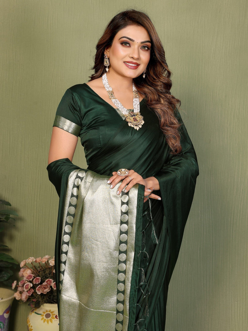 Anaita D Green Zari Weaving Work Satin Silk Saree With Blouse