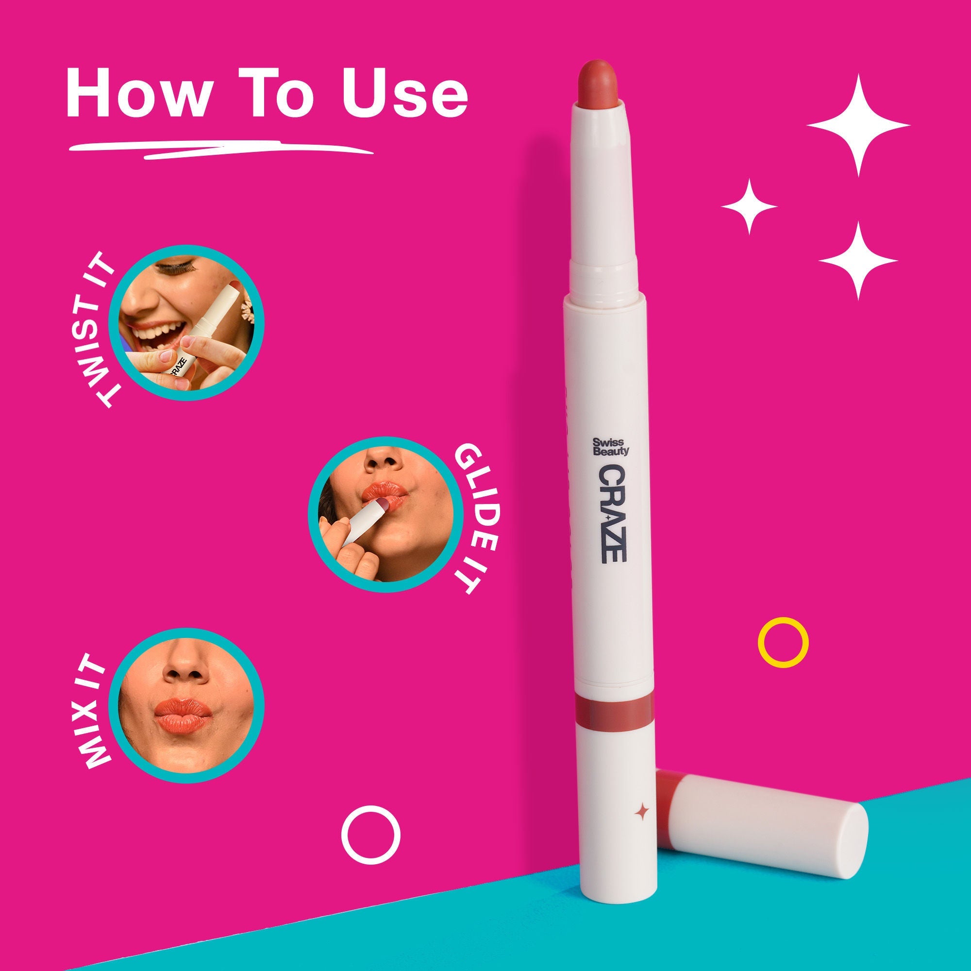 Swiss Beauty CRAZE Duo 2 In 1 Satin Matte Finish Lipstick Non-Transfer Lip Colour - 01 Party Ready
