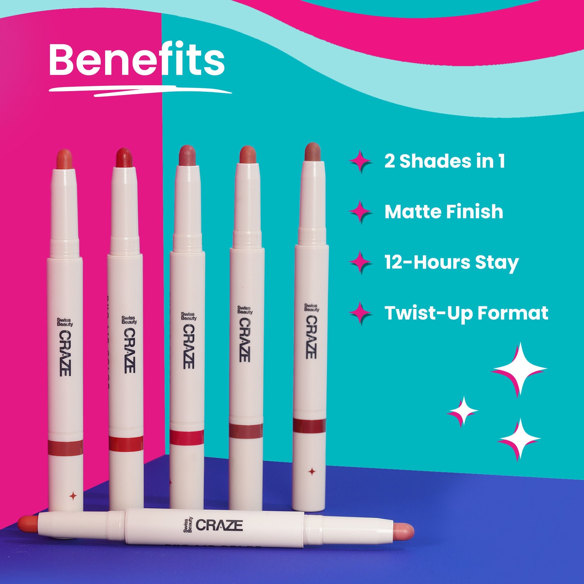 Swiss Beauty CRAZE Duo 2 In 1 Satin Matte Finish Lipstick Non-Transfer Lip Colour - 04 Terrafic Pink