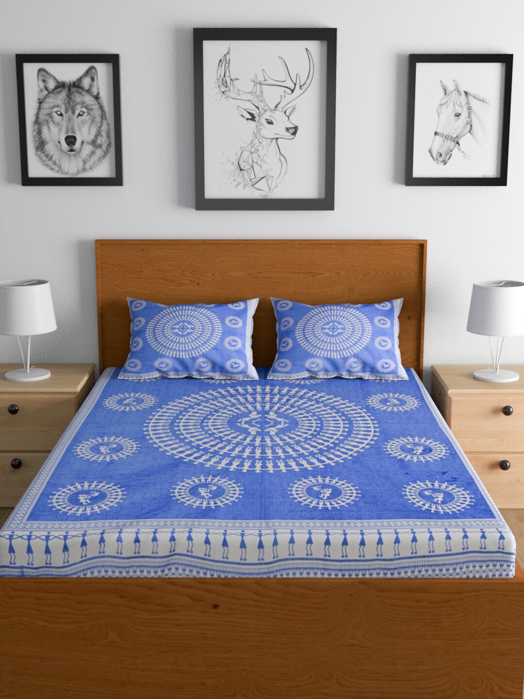 Urban Magic Blue Ethnic Motifs Printed Cotton 104 TC Queen Bedsheet With 2 Pillow Covers