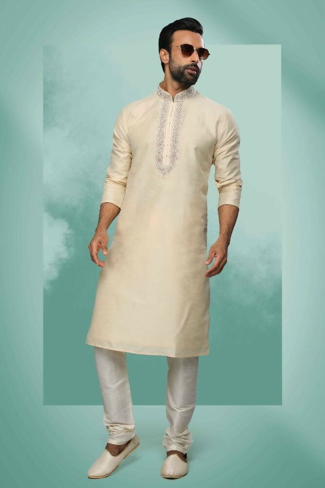 Raivat Ethnic Art Silk Mirror Embroidery Work Kurta Pajama In Cream Colour
