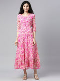 Souchii Pink & peaches n cream Floral Layered Chiffon Midi Dress