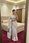 Vastranavya Grey Linen Cotton Meenakari Weaving Pallu Saree with Contrast Blouse