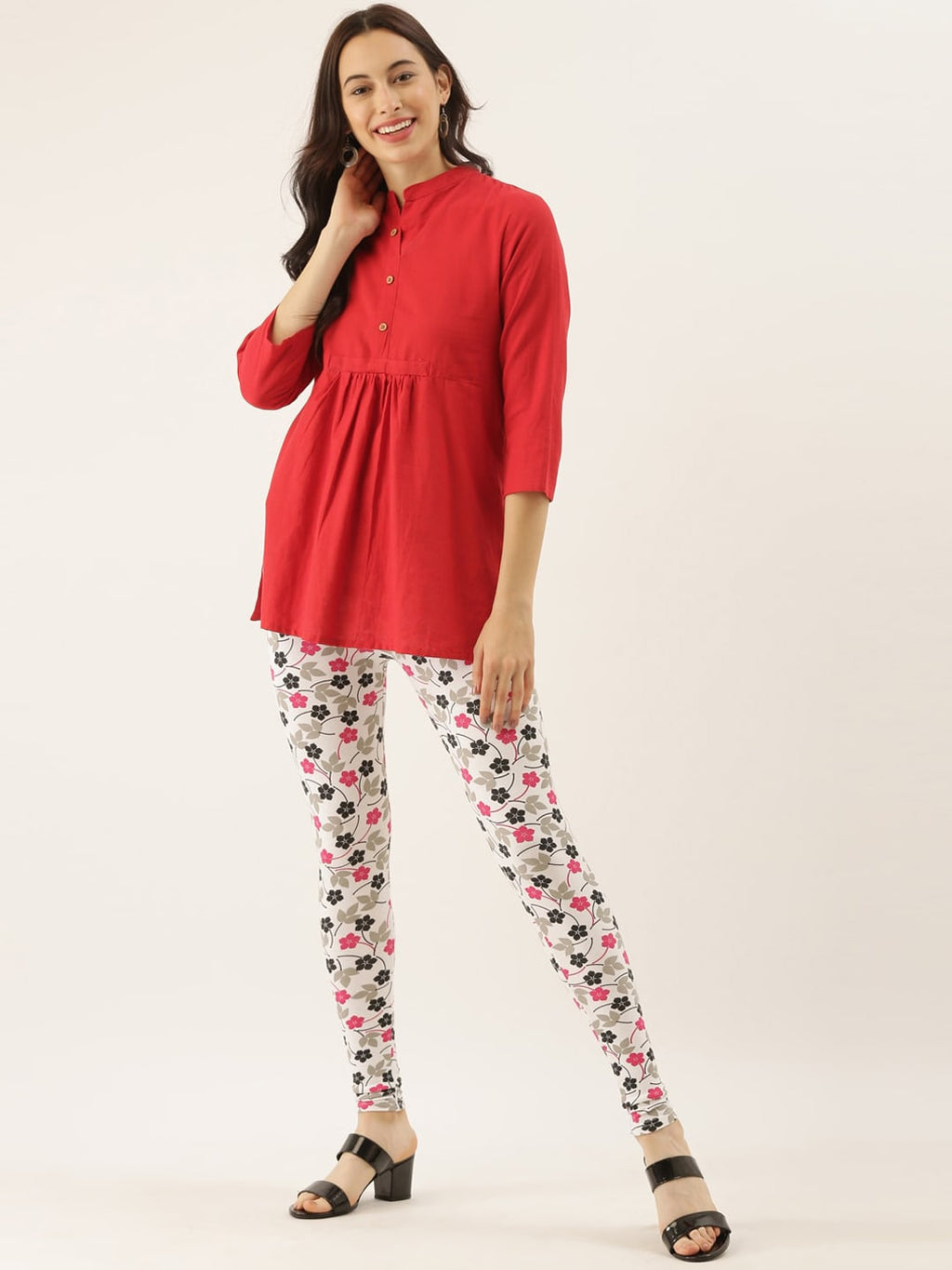 Souchii White & Pink Printed Slim-Fit Ankle-Length Leggings