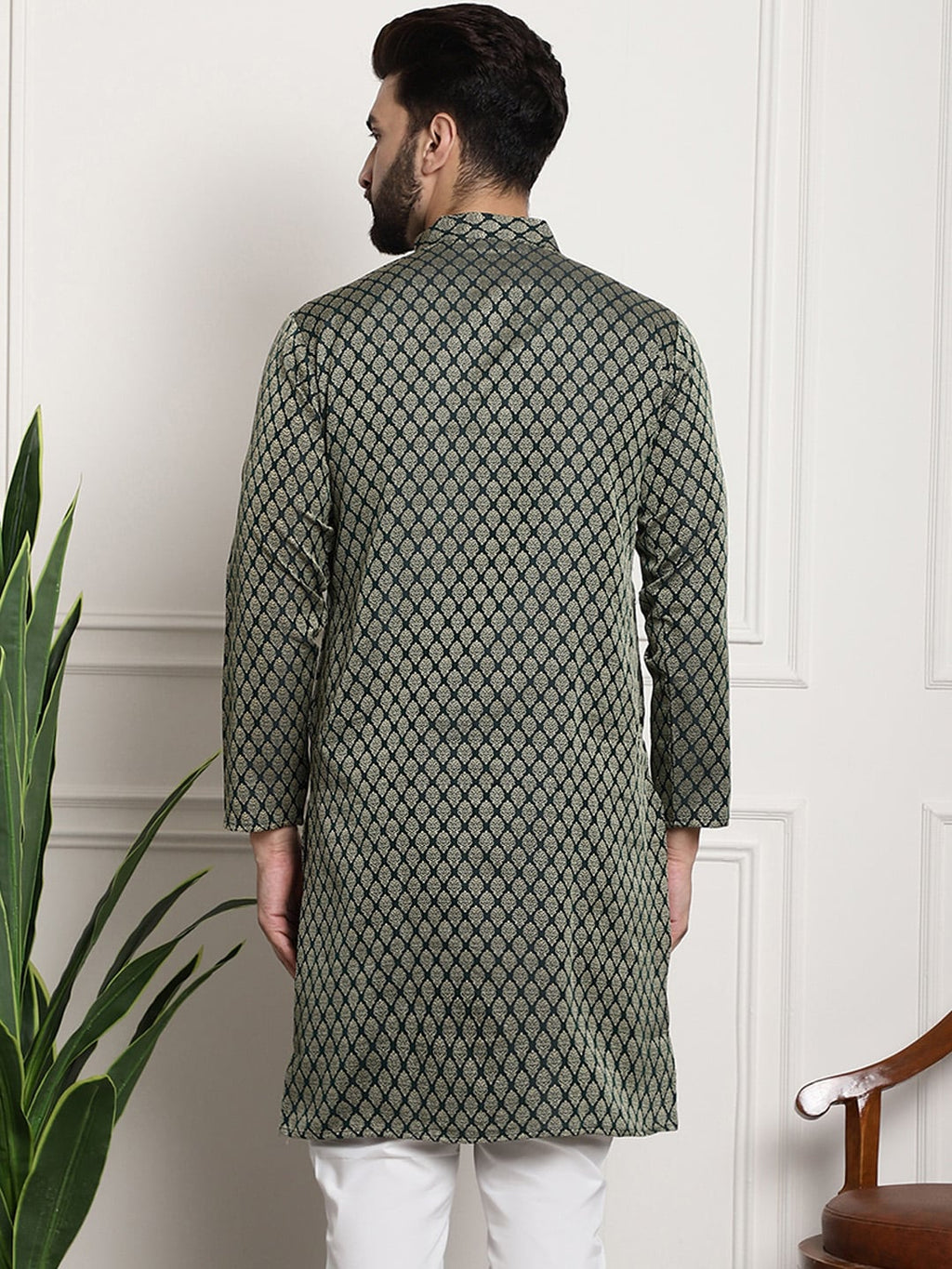 Sojanya Men Green & Beige Jacquard Silk Kurta