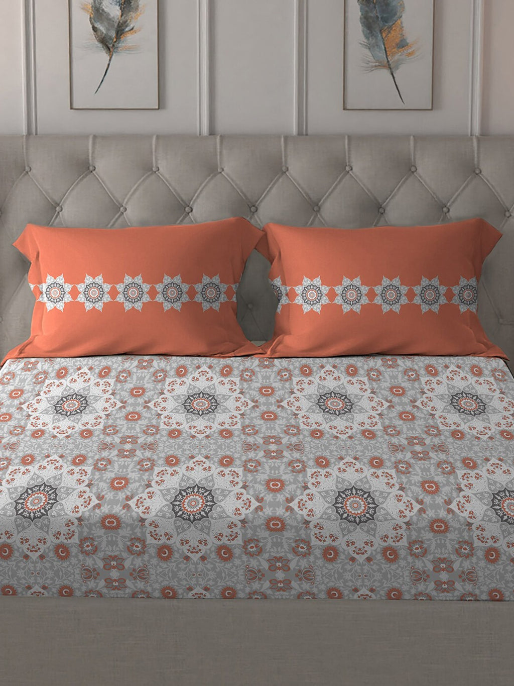 MYTRIDENT Grey White Floral Pure Cotton 144 TC Queen Bedsheet With 2 Pillow Covers