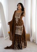 Lehenga Mart Designer Sharara Suit With Kurta, Sharara, Dupatta For Women-Brown