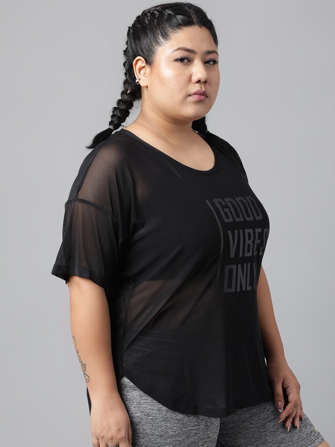 MKH Plus Size Typography Printed Drop-Shoulder Sleeves Dri-FIT Relaxed Fit Sports T-shirt