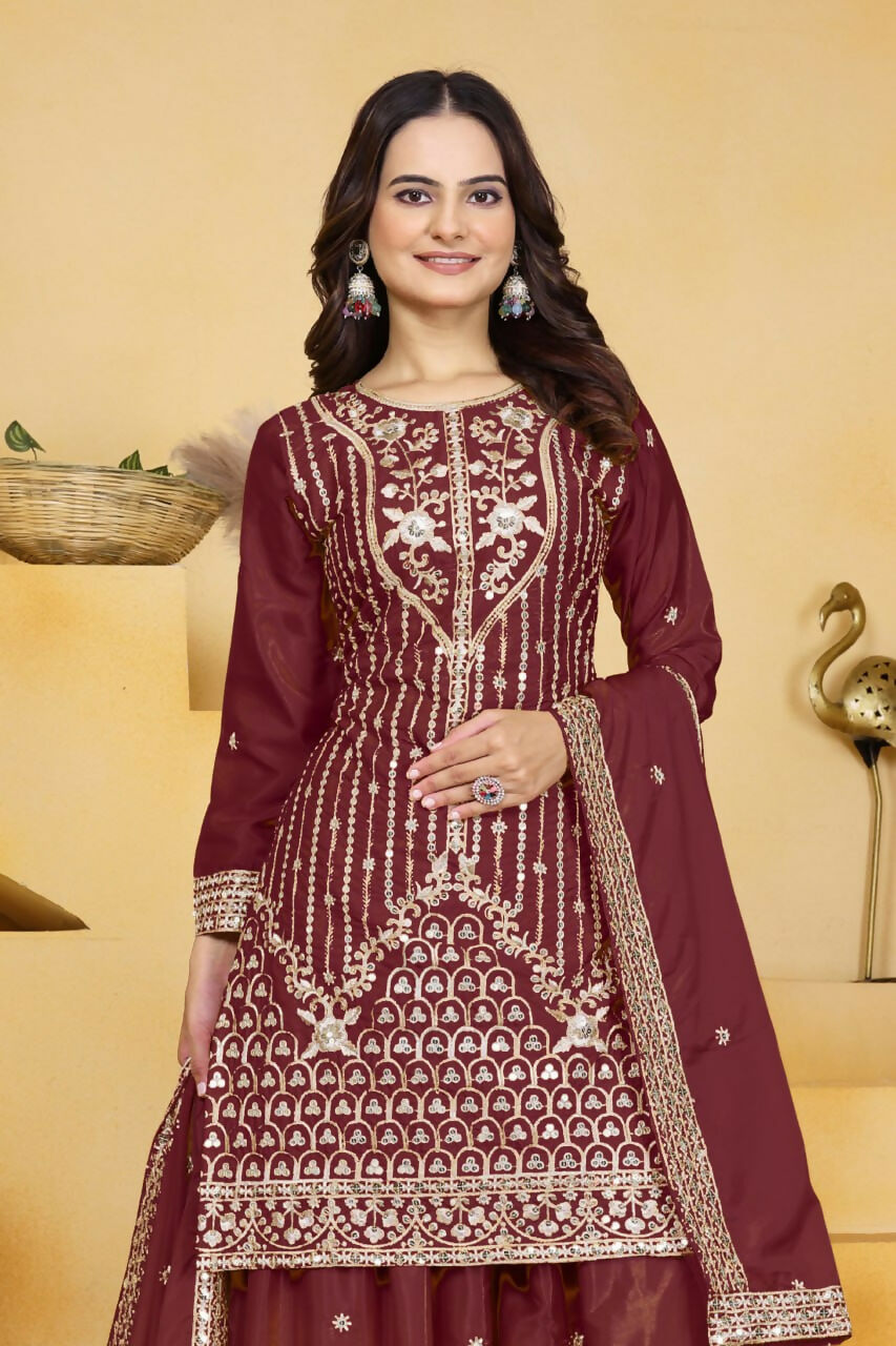 Teeya Creation Maroon Color Natural Crepe Silk Wedding Wear Trending Palazzo Set