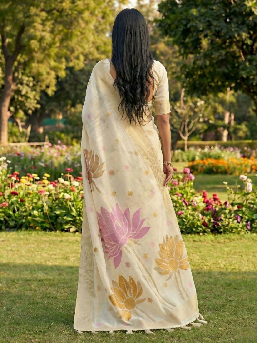 Shree Shyam Fashion White Linen Cotton Saree