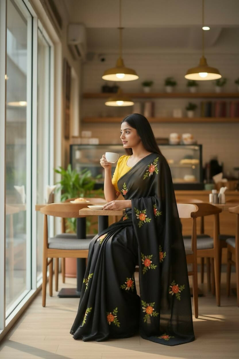 Teeya Creation Black Rangoli Silk Embroidery Work Party Wear Designer Saree