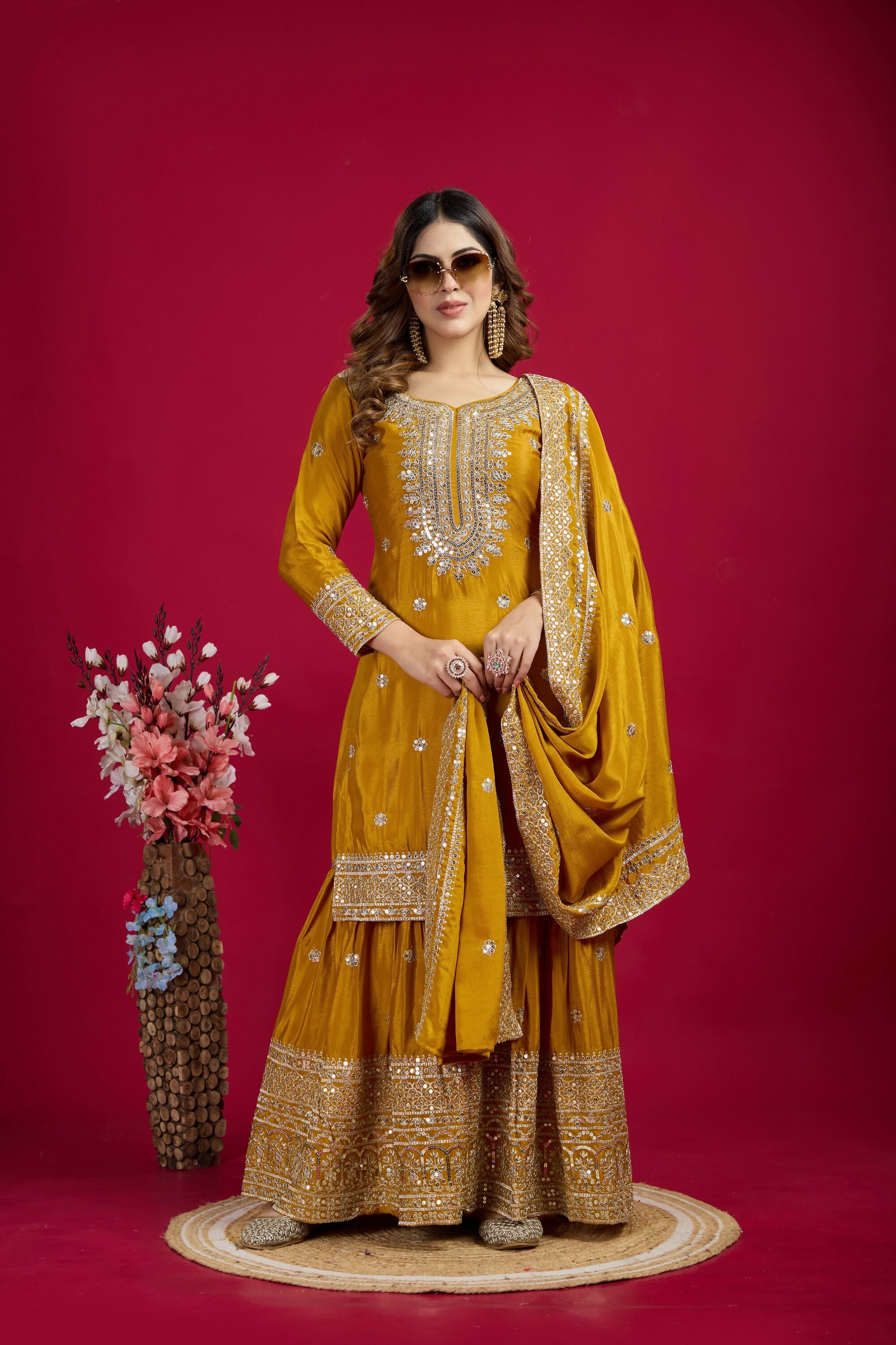 Joban Fashion Yellow Kurta Set Silk Sequins , Zari, Coding & Thread Embroidered work