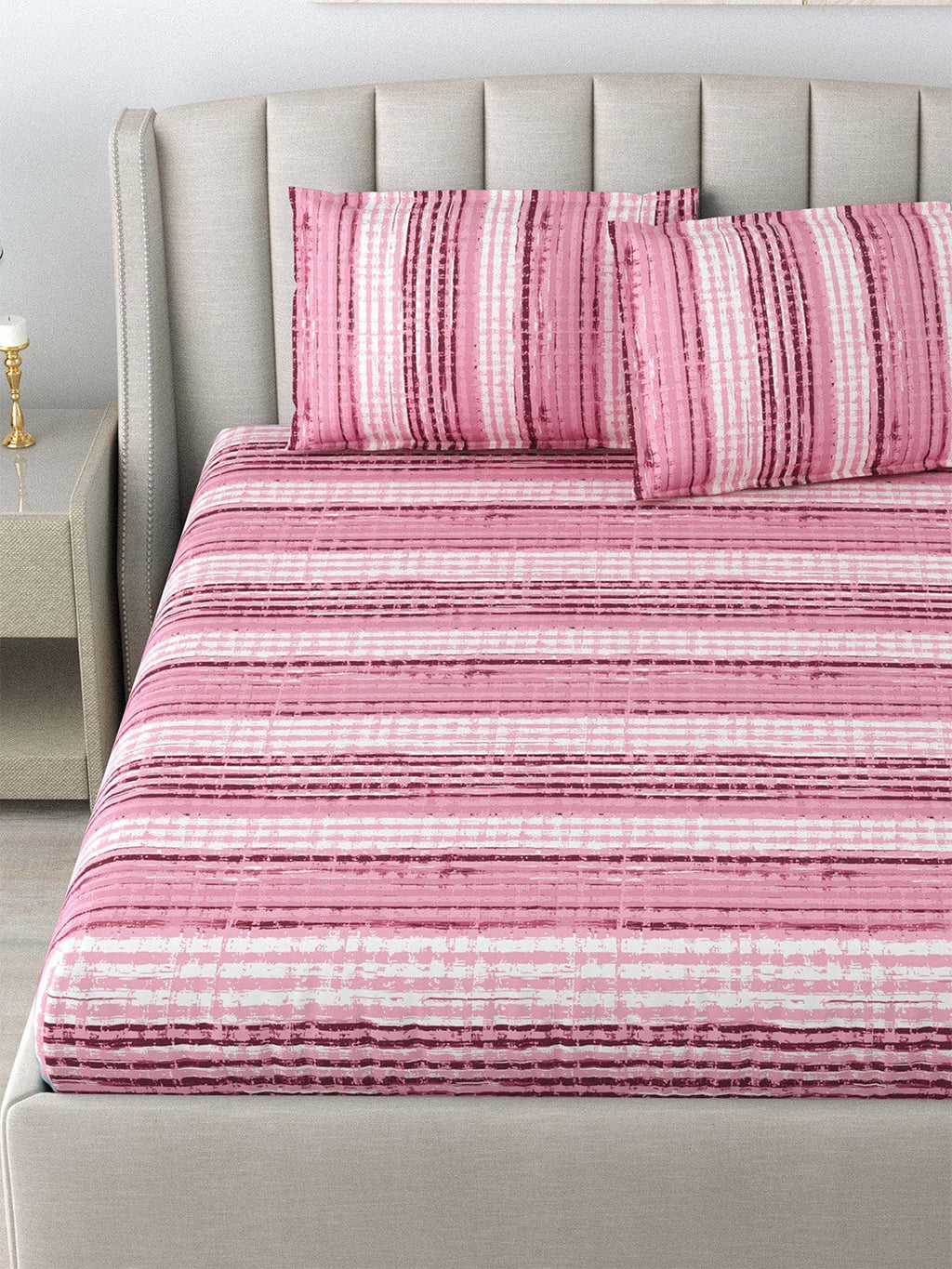 DREAM WEAVERZ Pink Striped Pure Cotton 220 TC King Bedsheet With 2 Pillow Covers