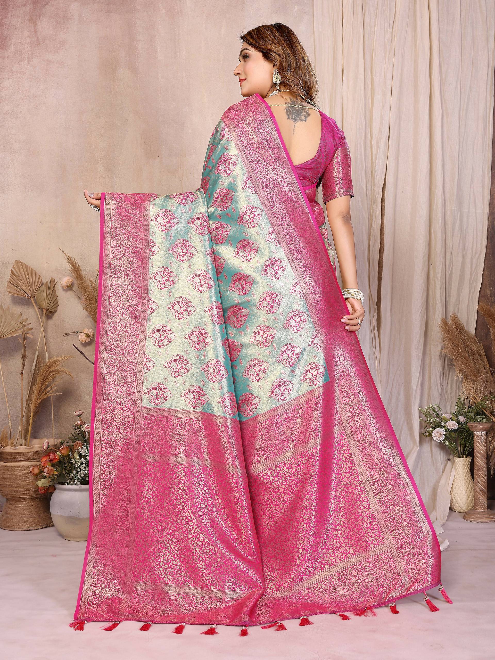 Aastha Fashion Aqua Banarasi Tissue Silk Weaving Saree