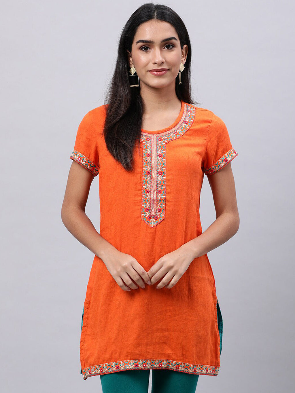 Souchii Orange Floral Embroidered Mirror Work Mirror Work Kurti