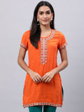 Souchii Orange Floral Embroidered Mirror Work Mirror Work Kurti