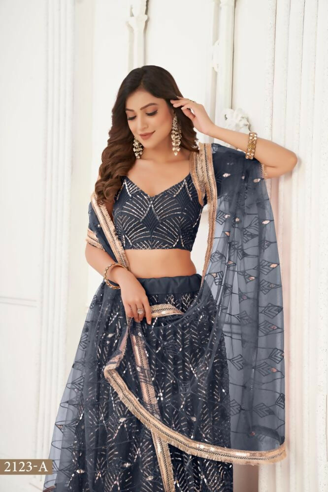 Aastha Fashion Black Butterfly Net Tone To Tone Thread Work, Sequence Work And Original Mirror Work Embroidery Wedding Wear Lehenga Choli