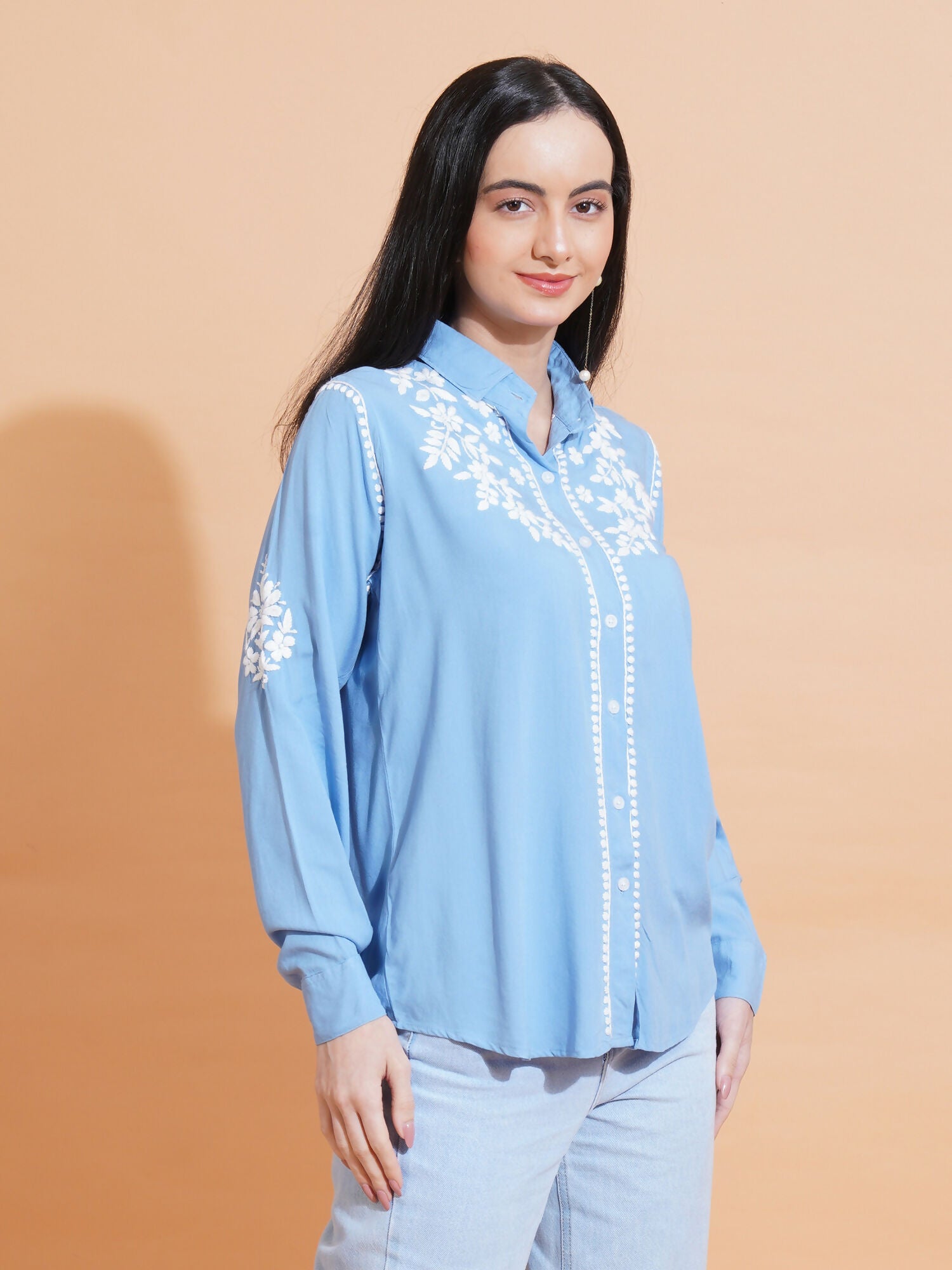 Pahnaz Modal Chikankari Handwork Shirt-Blue