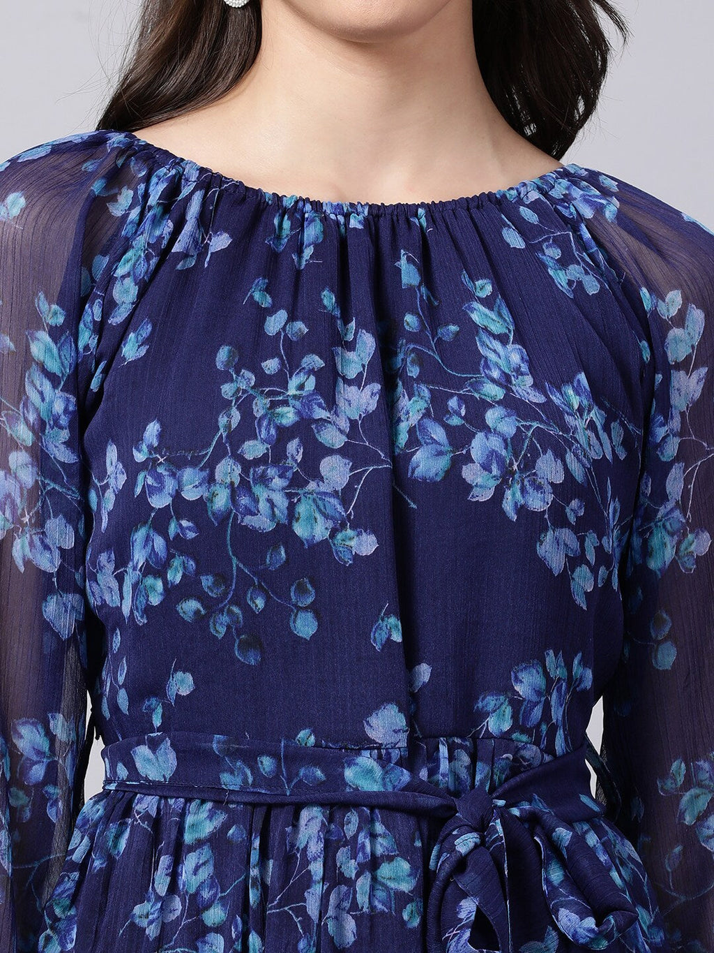 Souchii Navy Blue Floral Layered Chiffon A-Line Midi Dress