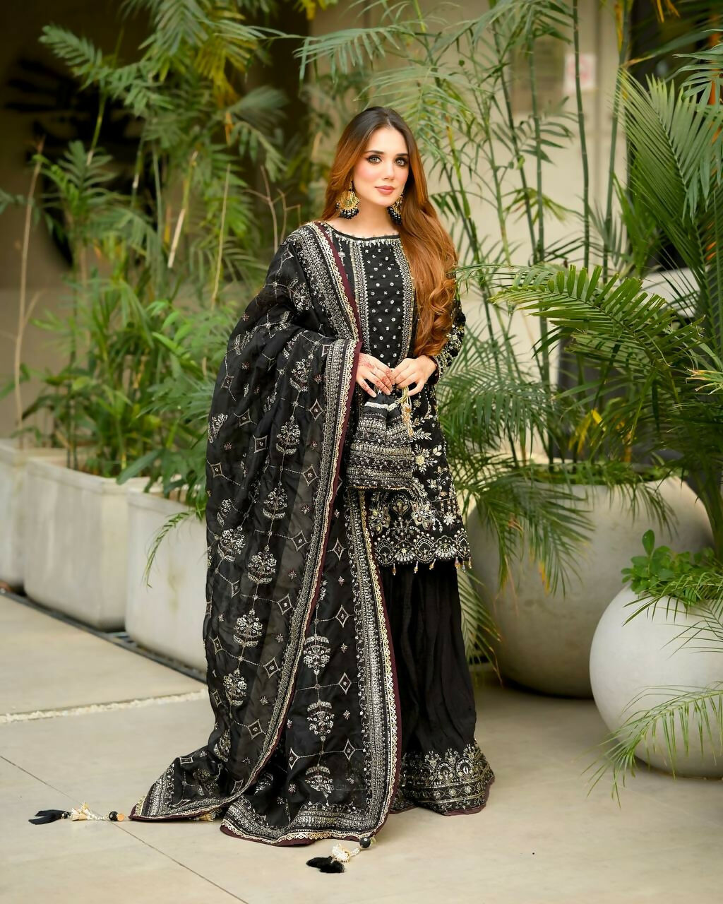 Teeya Creation Black Faux georgette Designer heavy work Wedding Wear Palazzo pair