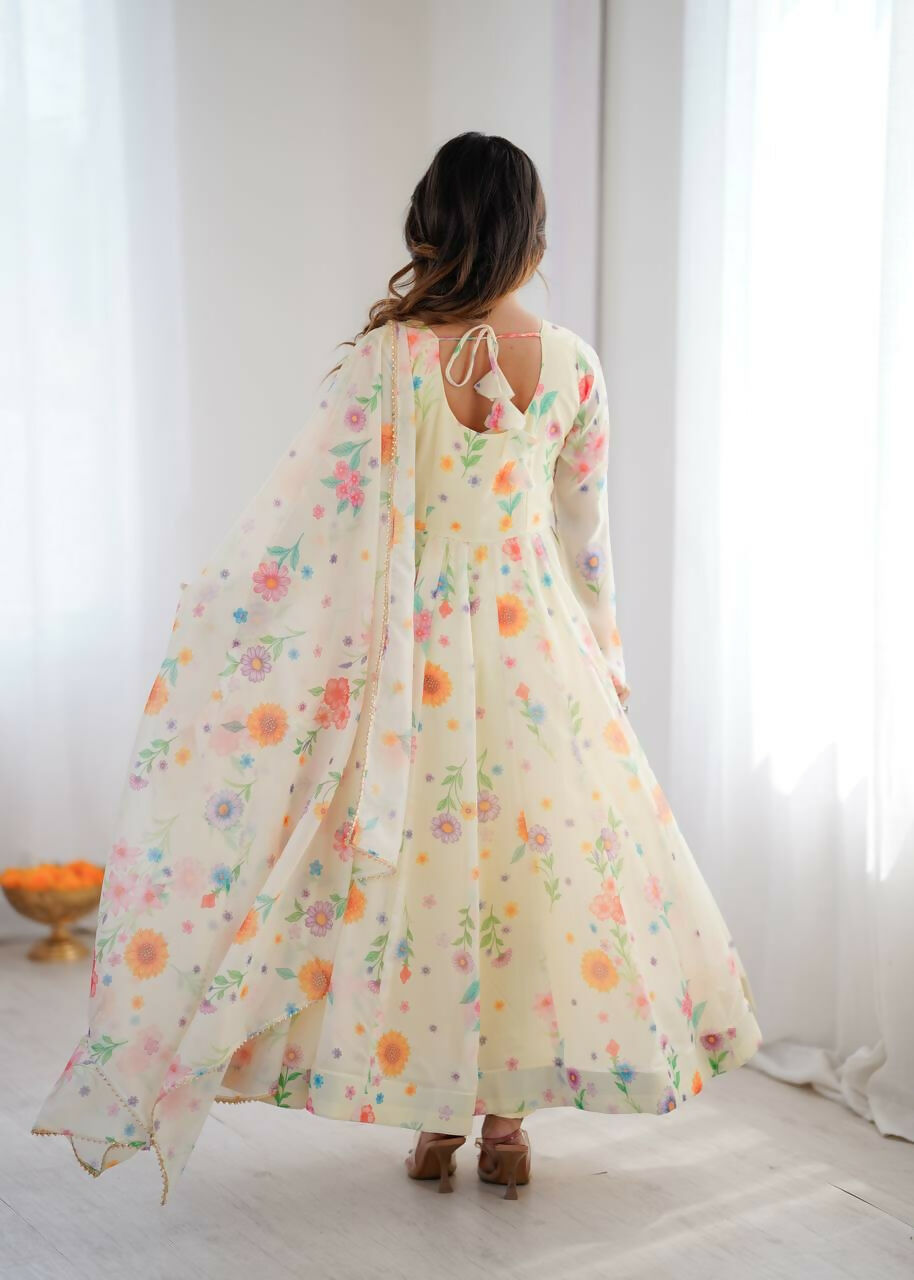 Teeya Creation Off White Soft Organza Digital Printed Party Wear Long Gown