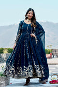 Teeya Creation Womens New Trendy Heavy Cording Sequence & Beads Embroidery Work Teal Gown Set