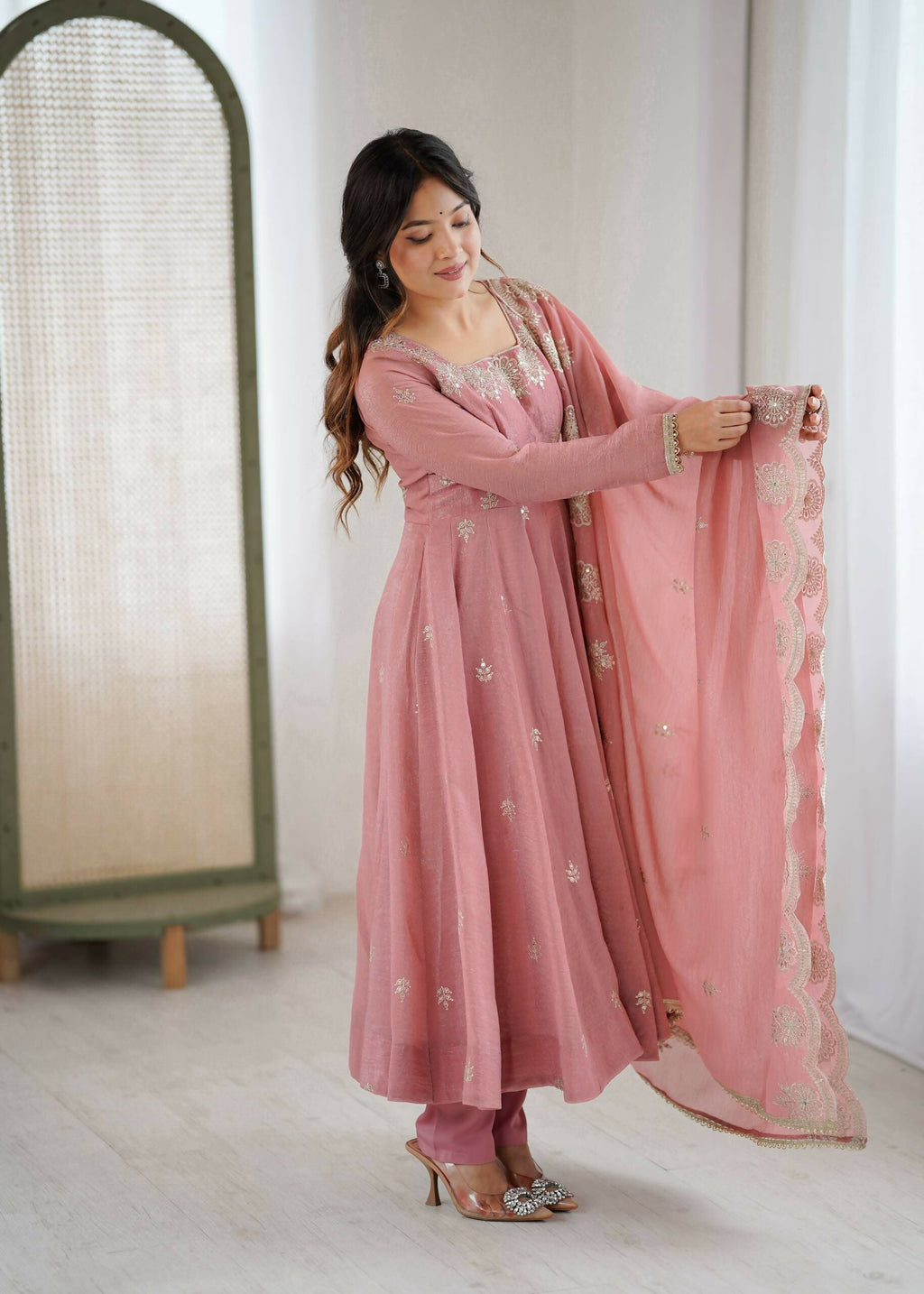 Teeya Creation Peach Color Crunchy Silk Embroidery Work Wedding Wear Gown