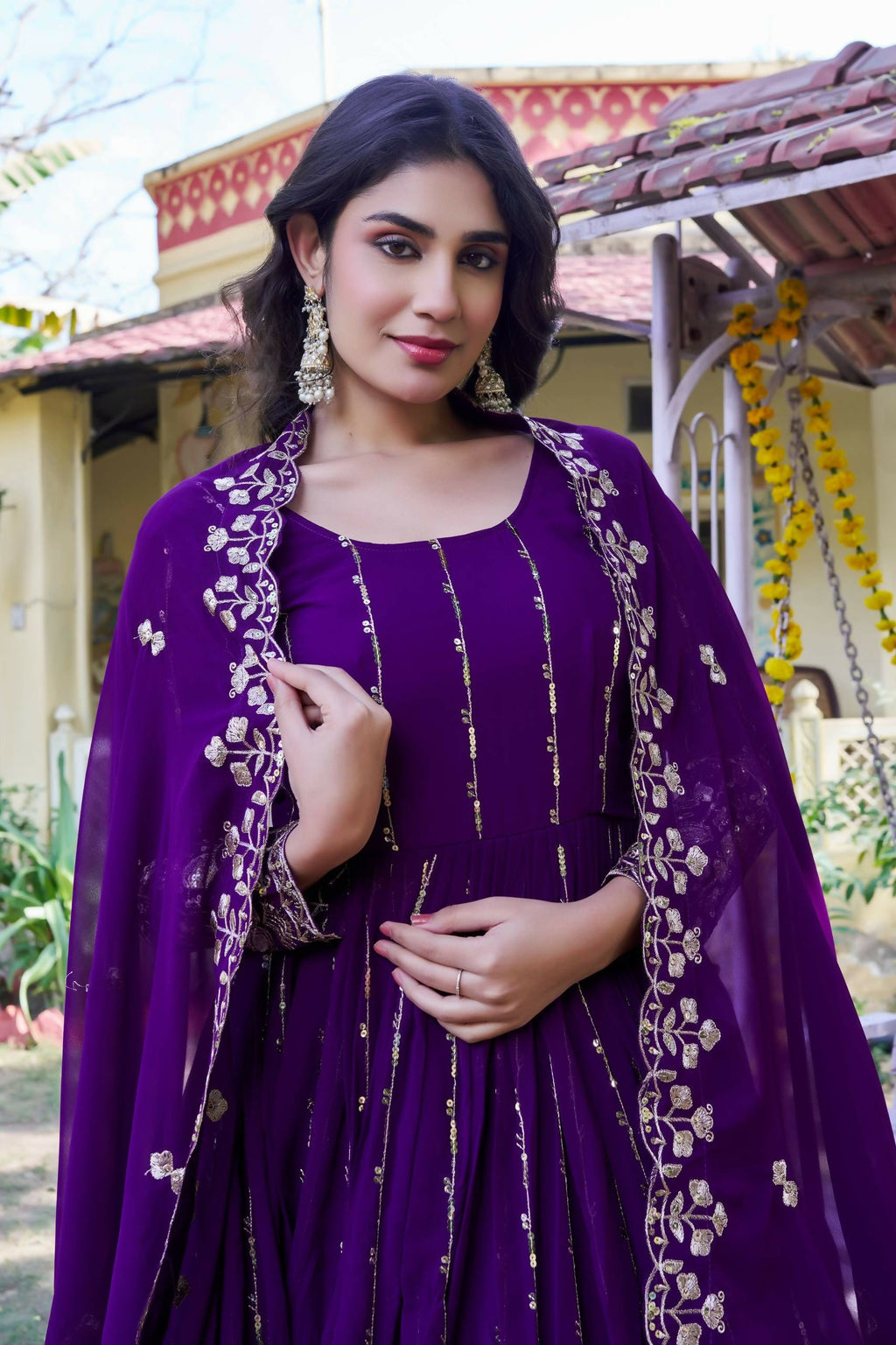Teeya Creation Womens Casual Party Wear Heavy 5mm Sequence Embroidery Work Purple Gown Set