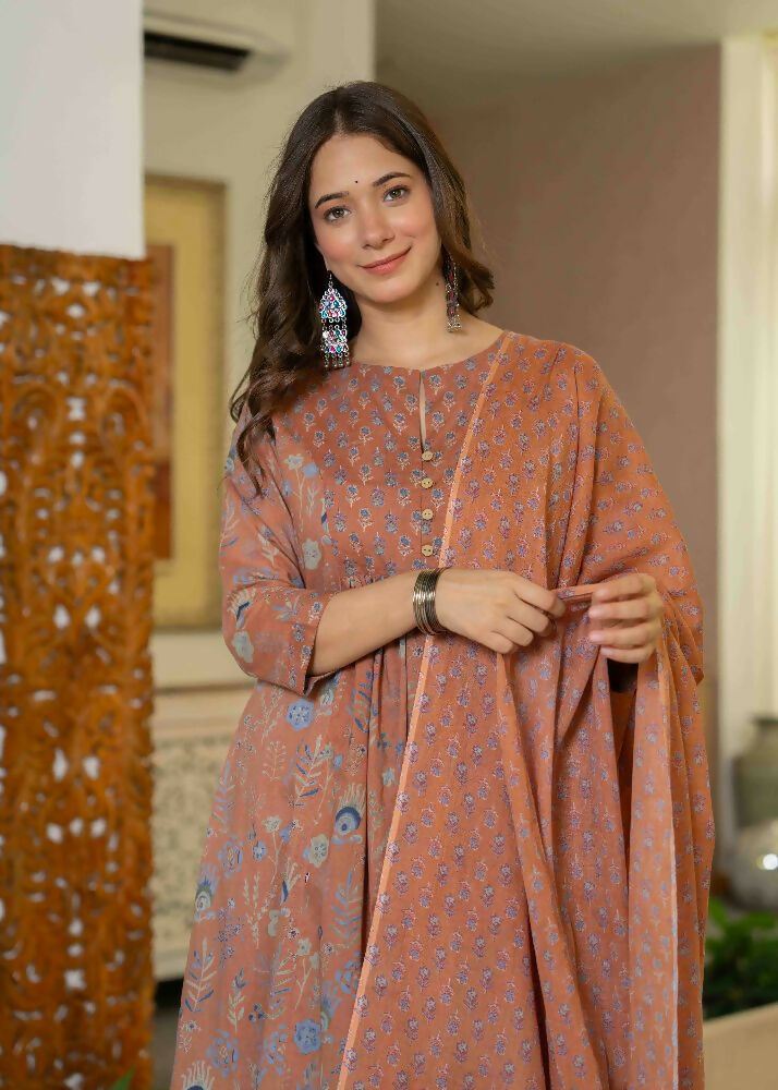 Jaimini Women Cotton Printed Round Neck 3/4 Sleeves Calf Length Flared Kurta Pant And Dupatta Set