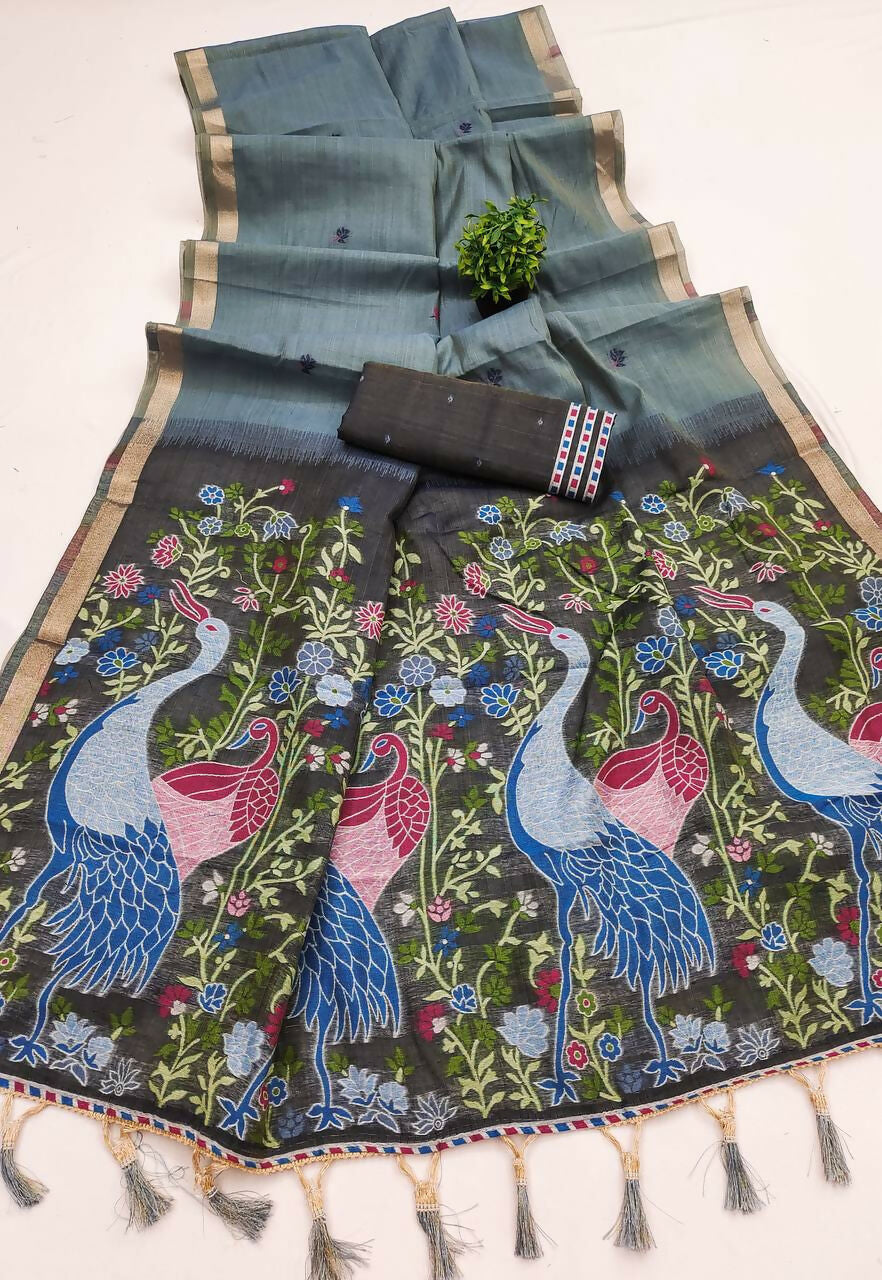 Vastranavya Grey Muga Cotton Meenakari & Azarakh Pallu Saree with Contrast Blouse