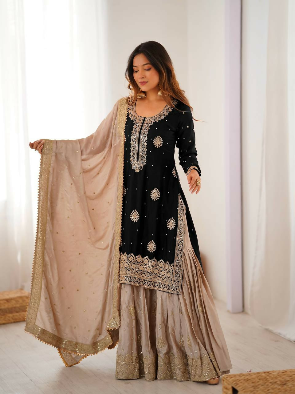 Lehenga Mart Designer Sharara Suit With Kurta, Sharara, Dupatta For Women-Black