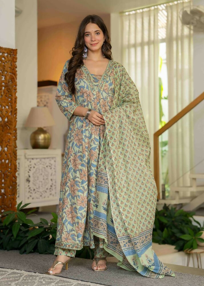 Jaimini Women Cotton Printed V-Neck 3/4 Sleeves Calf Length Flared Kurta Pant And Dupatta Set