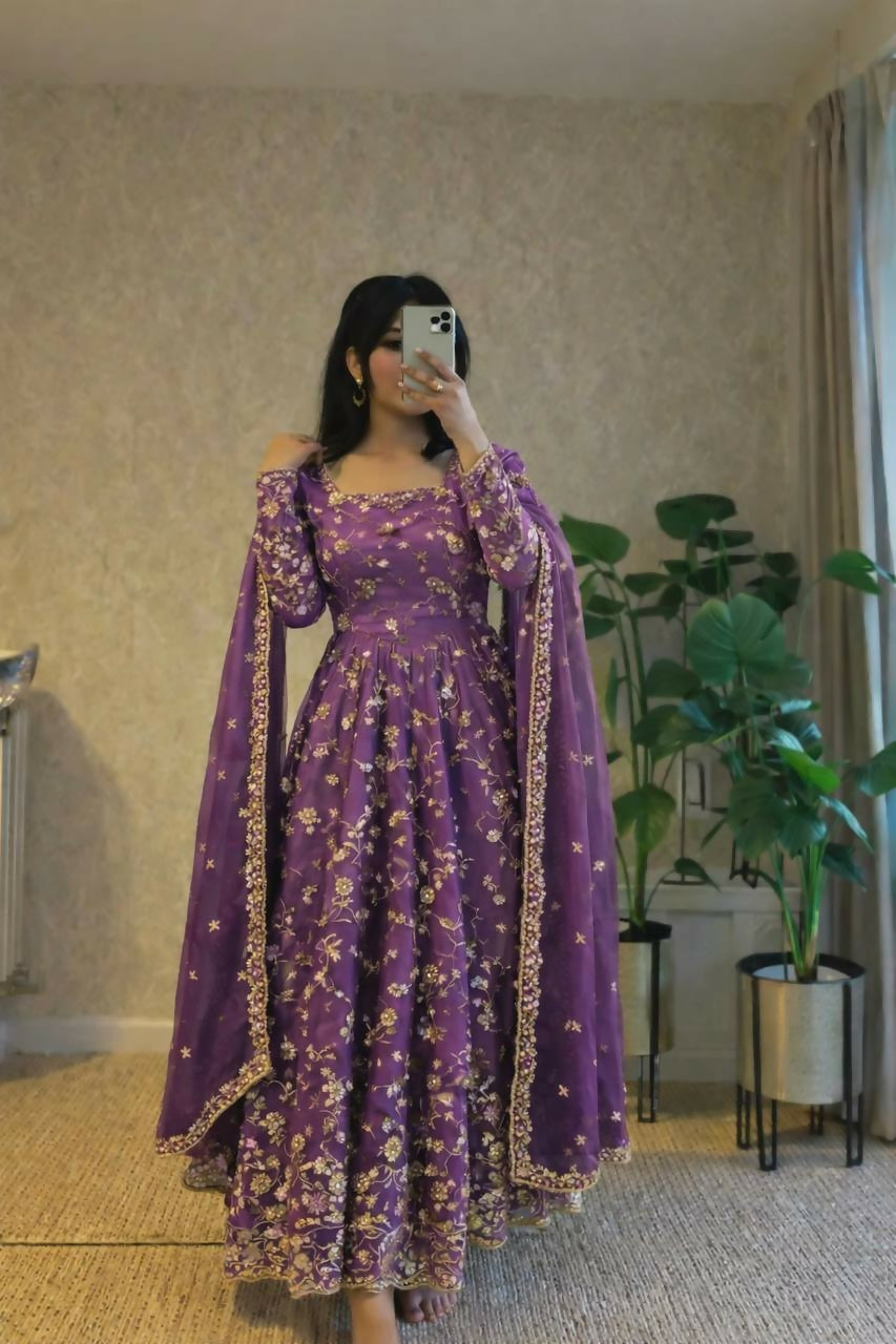 Teeya Creation Onion Color Faux Georgette Long Party Wear Gown
