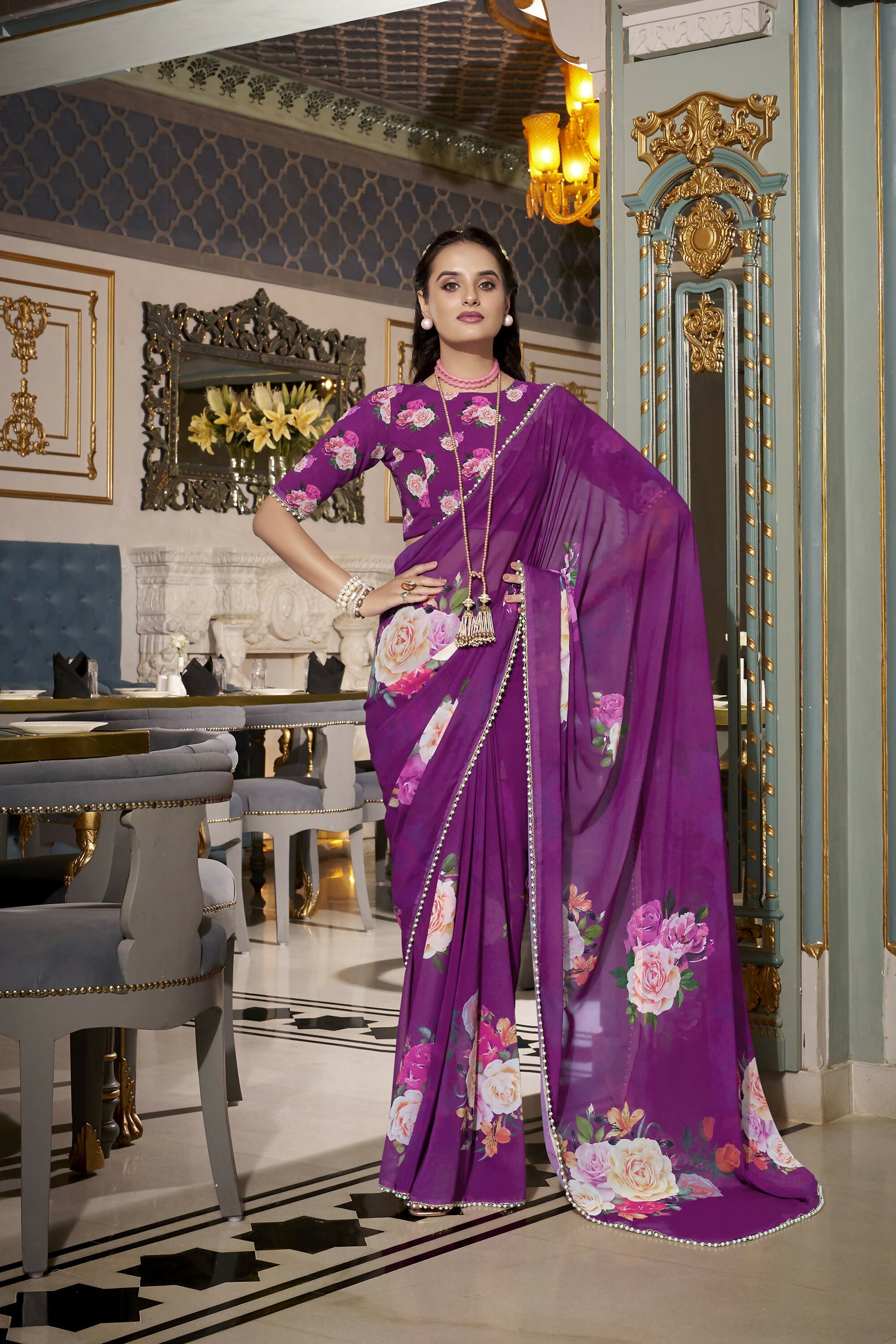Vastranavya Purple Spectacular Georgette Printed with Pearl Lace Saree with Unstitched Blouse