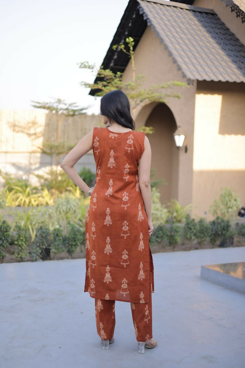 Teeya Creation Womens New Trendy Summer War Printed Cotton Gown Set-Orange