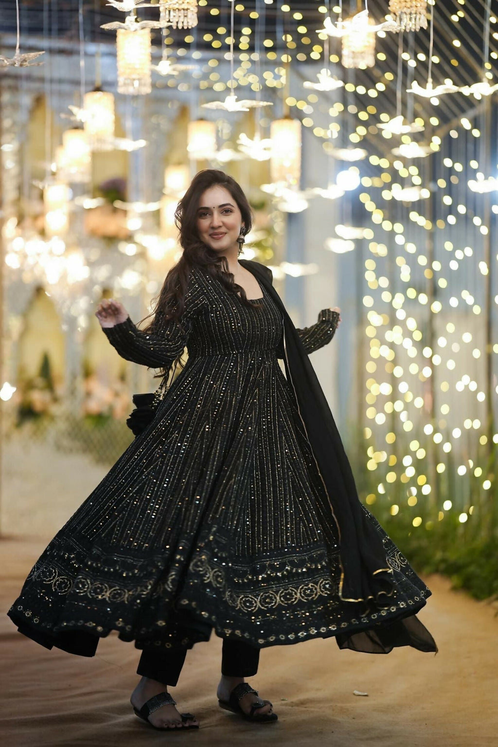 Aayaa Designer Embroidery Zari Sequins Work Faux Blooming Georgette Suit - Black